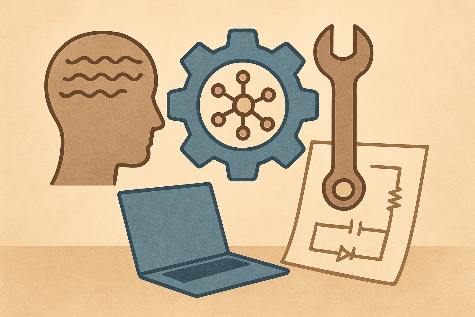 # Alt Text Suggestions

**Option 1:**
Technical blueprint sketches and engineering tools arranged on warm paper with muted blue accents, suggesting AI and engineering expertise.

**Option 2:**
Engineering diagrams, circuit patterns, and professional instruments styled on neutral paper background with subtle blue design elements.

**Option 3:**
Minimalist arrangement of technical drawings and engineering tools on warm cream paper with muted blue graphic accent.